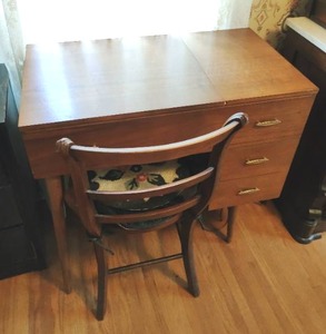 Vintage Sewing Cabinet With Singer Machine, Accessories And Chair