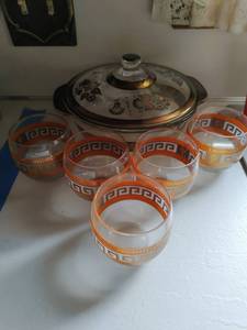 Vintage Fire King George Briard Lidded Dish With 5 Glasses