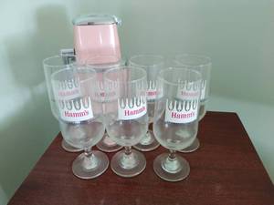 7 Vintage Hamms Glasses And Vintage Pink Swing-A-Way Ice Crusher