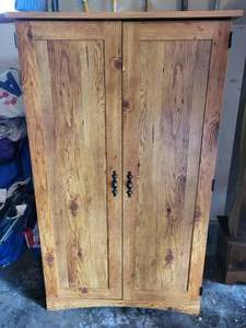 lot 4 image: A Wooden Desk Cabinet With Slide Out Shelf For Computer, Etc.