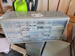 lot 19 image: A Divided Storage Container Filled With Nails, Screws, Etc.