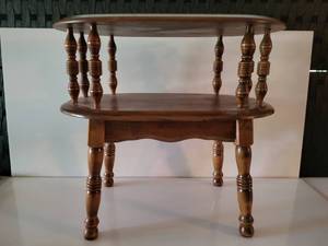 lot 42 image: Two Tiered Wooden Table With Spindled Decorative Legs & Eight Shorter Decorative Spindles Between Tiers