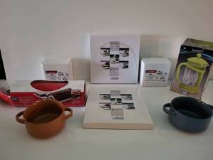 lot 87 image: Burg HOFF Coffee & Tea Plunger-Two Crafts Direct Mini Bakers Round Stoneware-Silicone Jelly Roll Pan-Bistro Square Platter-Two Soup Mugs