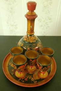 Vintage Russian Hand Painted Wood Decanter Set