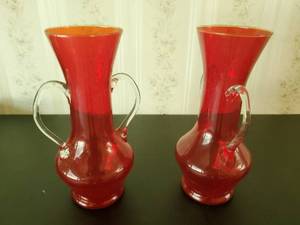 Pair Of Hand Blown Red Vases
