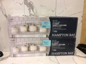 lot 35 image: Hampton Bay Architecture 4-Light 32.75 in. Brushed Nickel Transitional Bathroom Vanity Light with Etched White Glass Shades (2 units) customer return see pictures