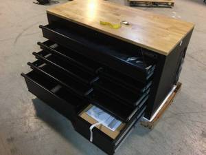 lot 101 image: Husky 52 in. W x 25 in. D Heavy Duty 9-Drawer Mobile Workbench Tool Chest with Adjustable-Height Hardwood Top in Matte Black review pictures