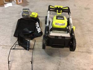 lot 102 image: Ryobi 40V HP Brushless 21 in. Cordless Battery Walk Behind Dual-Blade Self-Propelled Mower with (2)  Batteries & Charger open box