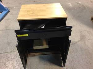 lot 104 image: Husky Heavy Duty Welded 20-Gauge Steel 1-Drawer 2-Door Garage Base Cabinet in Black (28 in. W x 32 in. H x 21.5 in. D) open box see pictures