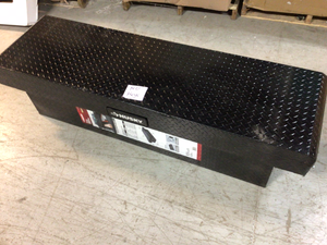 lot 110 image: Husky 71.36 Diamond Plate Aluminum Full Size Crossbed Truck Tool Box dented missing keys see pictures