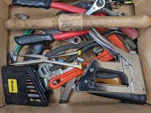 lot 138 image: Tools Hammer, Screwdrivers, Wrenches, Titan Drill Bit Set, Stapler, & More