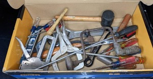 lot 137 image: Tools Hammers, Screwdrivers, Level, C Clamp, Duo-Fast Super-Supershot Stapler, & More