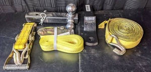 lot 134 image: Towing Equipment Reese Triple Ball Trailer Hitch, Ridgid 6000lb Hitch Ball Mount, Ratchet Tie Downs, & More