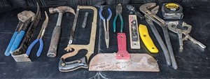 lot 150 image: Tools Hammer, Pliers, Wrenches, C clamp, Crowbar, Saw, & More