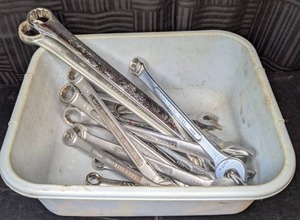 lot 146 image: Bin Full of Combination Wrenches of Various Sizes Truecraft, Craftsman, & More