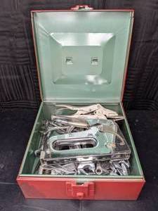 lot 145 image: Vintage Red Toolbox Filled with Combination Wrenches, Pliers, Stapler, & More