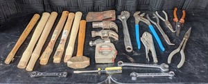 lot 142 image: Tools Hammer Parts, Pliers, Wrench, Master Mechanic Tape Measure, & More