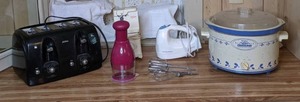 lot 356 image: Assortment of (5) Electric Kitchen Appliances Rival Crock Pot, Hamilton Beach Hand Mixer, Kitchen Aid, Sunbeam Can Opener and Sun Beam 4-Slot Toaster