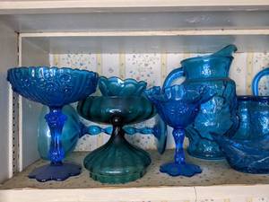 lot 343 image: Assortment of Blue Glass Pieces Pedestal Bowls, Pitchers, Cups and More
