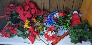 lot 318 image: Christmas Decor Several Poinsettia Arrangements, Bag of Blue Ornaments, Santa Hat and More