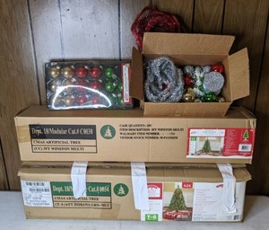 lot 319 image: Christmas Decor 3 Ft. Pre-Lit Tree, 4 Ft. Pre-Lit Tree, Ornaments, Garland, and More