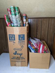 lot 321 image: Two Boxes Full of Wrapping Paper Rolls, Tissue Paper, Bows, Gift Bags and Gift Boxes
