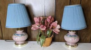 lot 326 image: Pair of Matching Pink Floral Ceramic and Brass Table Lamps and Small Faux Floral Arrangement