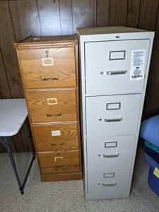 lot 303 image: Pair of Vertical 4-Drawer Filing Cabinets (1 Wood, 1 Metal)