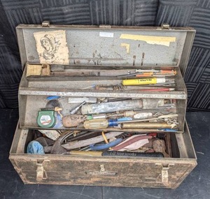 lot 56 image: Vintage Metal Tool Box Filled with Tools