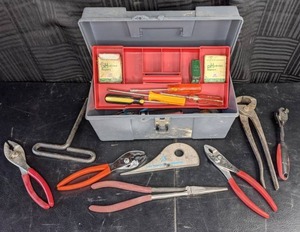 lot 57 image: Tool Box with Pliers, Screwdrivers, and More