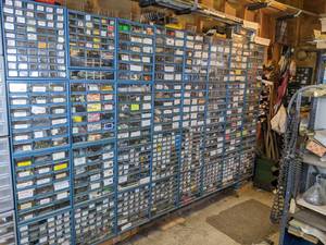 lot 83 image: HUGE Set of 32 Hardware Drawer Organizers FULL of Screws, Nails, Nuts, Bolts and More 