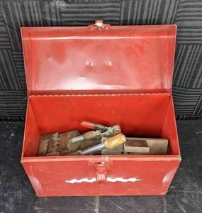 lot 154 image: Red Vintage Toolbox w Various Tools Inside See Pictures