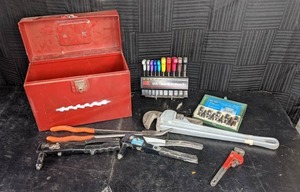 lot 155 image: Vintage Red Toolbox Filled with Tools Rivet Tool, Mar-Tron 10PC 38 Hex Bit Set, MIT 10Pc. T- Handle Hex Key Wrench Set, & More
