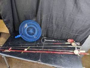 lot 70 image: Fishing Equipment 3 Rods & Reels (ZebcoKastaway), Bamboo Cane Pole, Wire Mesh Net, Rapala Tube Scale