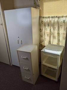 lot 205 image: Group of (3) Storage Cabinets 4-Shelf Two Door Big Cabinet, 3-Drawer Vertical Cabinet and 2-Drawer Plastic Organizer