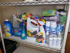 lot 211 image: Assortment of Cleaning Products Lysol, Febreze, Shout, Oxiclean, Windex, Tide Pods, Dryer Sheets, Hand Sanitizer and More