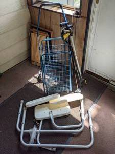 lot 202 image: Pikstik Classic Reacher, Walking Cane, Invacare Shower Bench and Lumex Folding Utility Cart with Wheels