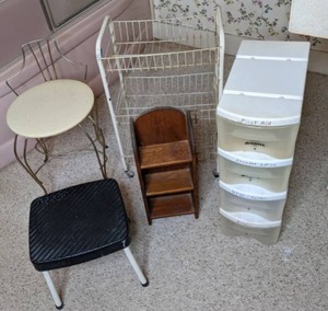 lot 337 image: Metal Cart, Plastic Drawers, Small Wood Shelf, Vintage Step Stool and Vanity Chair