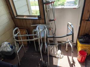 lot 399 image: (2) Walkers, Crutches, and Folding CommodeToilet Seat