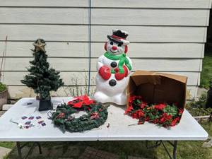 lot 258 image: Collection of Christmas Dcor Artificial Stems, Wreath, Standing Snowman, Ornaments and More