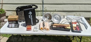 lot 264 image: Assortment of Miscellaneous Garage Items Shop Light, Concrete Repair, C Frame Creeper Seat, Paint Brushes, Roller Replacements, Paint Stir Sticks and More