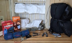 lot 391 image: Lumbar Support, SoftHeat Heating Pad, Silky Massage Mat, HoMedics Handheld Massager, and more