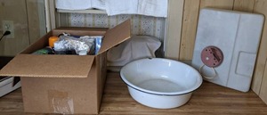lot 392 image: Enamel BowlWash Basin, Vintage Kaz Steam Vaporizer, Assorted Personal Care Items