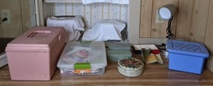 lot 396 image: Sewing Machine Spool ThreadAccessories, Coloring BooksCrayons, and Desk Lamp
