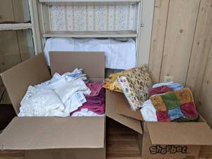 lot 397 image: (2) Large Boxes of Towels, Wash Cloths, Table Cloths, etc.