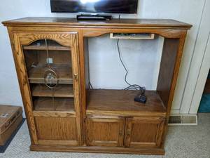 lot 381 image: Solid Wood Entertainment Center with Glass Door and Cabinets