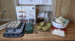 lot 361 image: Assortment of KitchenBaking Items (Muffin Tins, Rotating Serving Tray, Gravy Boats, Bowls, and more)