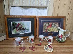 lot 362 image: Cardinal-Themed Items - Framed Artwork, Pitcher, Mugs, Decor (Gamini Ratnavira, Mike Steddum, Hautman Brothers)