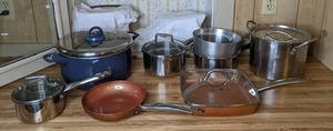 lot 363 image: Assorted Kitchen Pots and Pans (Copper Chef, T-Fal, and more)