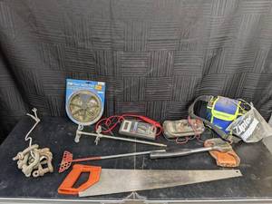 lot 195 image: Assortment of Tools Handsaw, Axe, Rivet Variety Pack, Micronta Auto-Range Voice Meter, Vector Pocket Generator and More